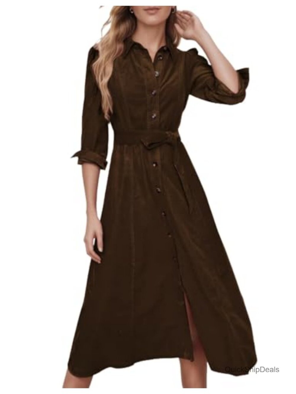Women's Corduroy Maxi Button Down Shirt Dress with Belt